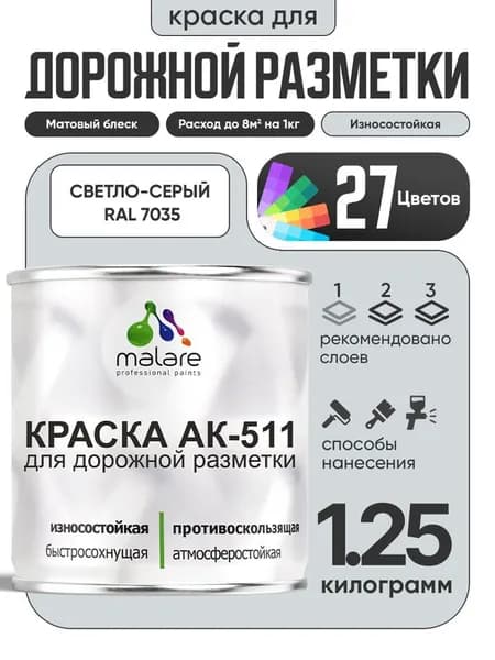 Дорожная краска АК-511 Malare для дорожной разметки, краска для пола по бетону, износостойкая, быстросохнущая, матовая RAL 7035, светло-серый, 1,25 кг