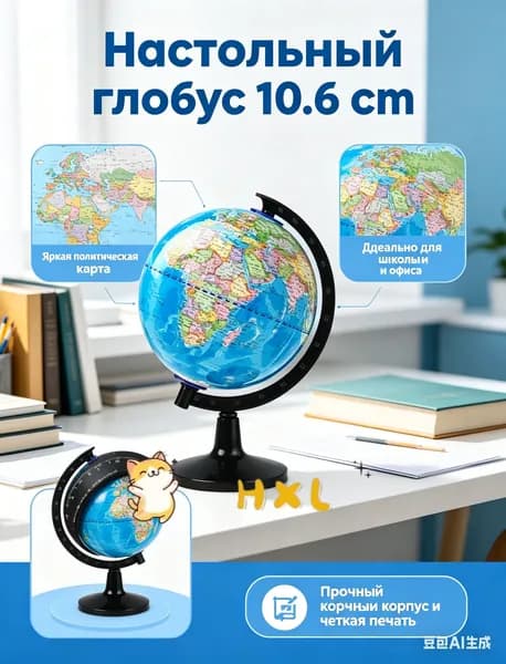 Глобус настольный 10.6 см сувенирный, политическая карта мира - маленький интерьерный глобус для детей и школы, подарок в офис