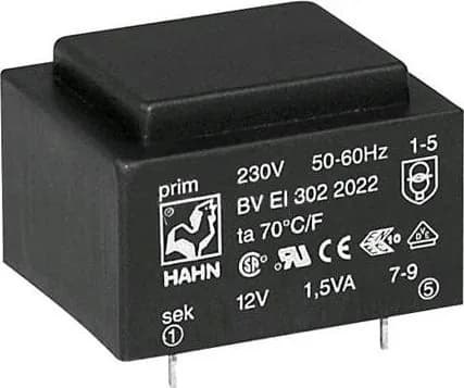 Трансформатор HAHN BVEI3022028 залитый 1,5ВА 230ВAC 15В 15В 50мА 50мА 70г 1 шт