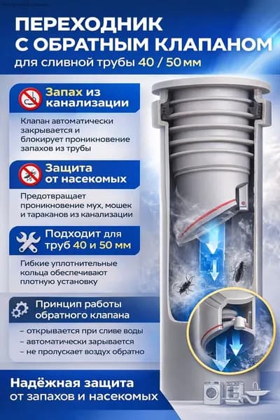 Гидрозатвор сухой 45-50 мм для трапа/раковины/стиральной машины силикон, без запахов
