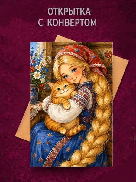 Открытка "Девица с котом" "Народные росписи" 1шт. Размер 10х15 в комплекте крафтовый конверт.