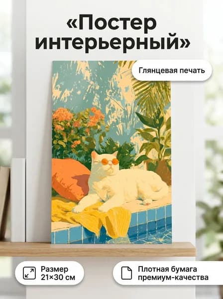 Постер интерьерный А4 21х30 "Кот у бассйна"