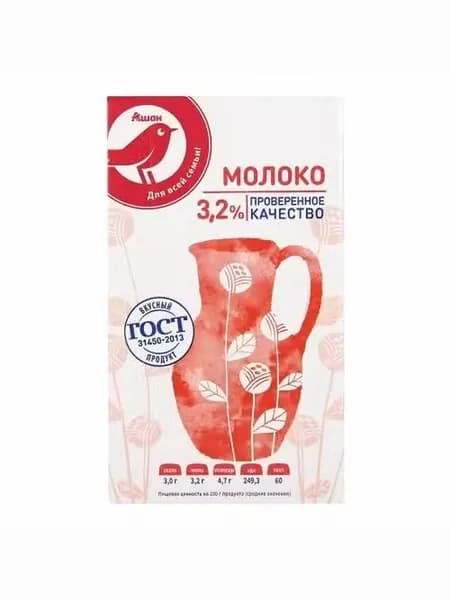 Молоко 3,2% ультрапастеризованное 1 л АШАН Красная птица БЗМЖ