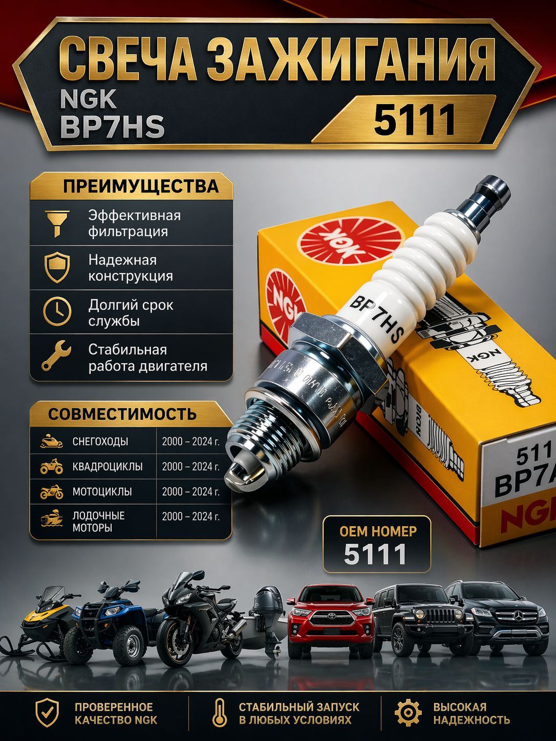 Свеча зажигания NGK BP7HS 5111 для мотоциклов мопедов квадроциклов лодочных моторов HONDA YAMAHAKAWASAKI SUZUKI DUCATI FORD Taunus
