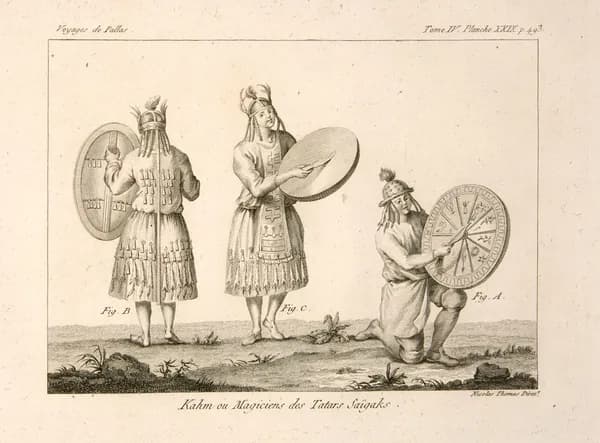Антикварная гравюра. Татарские шаманы в церемониальной одежде. 1793 год.