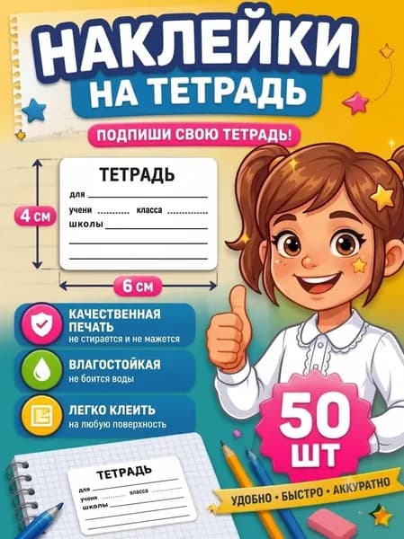 Наклейки на тетрадь для подписи 40х60мм 50шт к 1 сентября