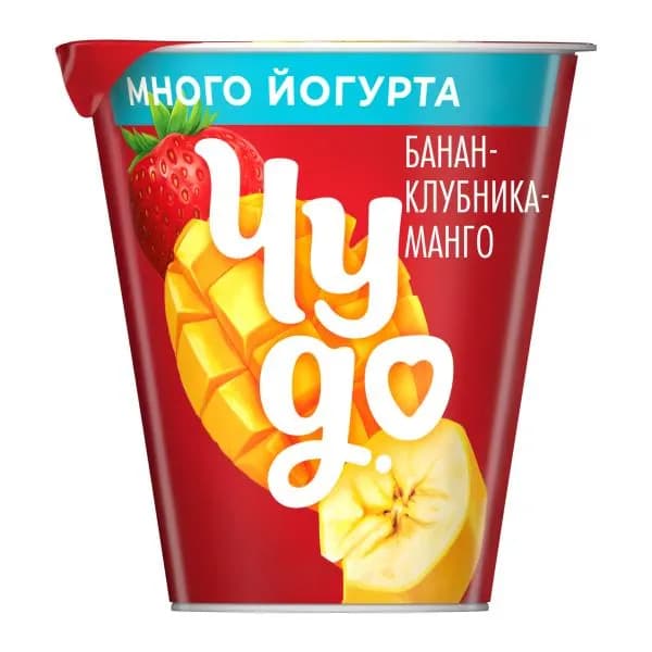Густой йогурт со вкусом банана клубники и манго Чудо 2% 290г