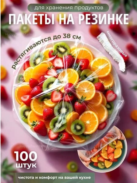 Пакеты крышки на резинке 100 шт, шапочки для тарелок 12-38 см, для хранения продуктов
