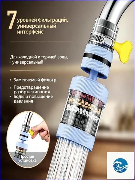 Фильтр для воды на кран 6 ступеней очистки, универсальная насадка на смеситель с 360 вращением, защита от брызг, много цветов в наличии