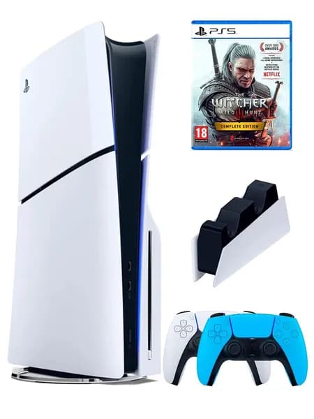 PS5 (ПС5) Игровая приставка Sony PlayStation 5 Slim +2-й геймпад(голубой)+зарядное+игра Witcher 3, 1000ГБ