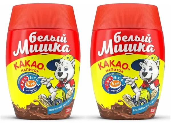 Какао Белый Мишка пластиковая банка 300 грамм - 2 штуки