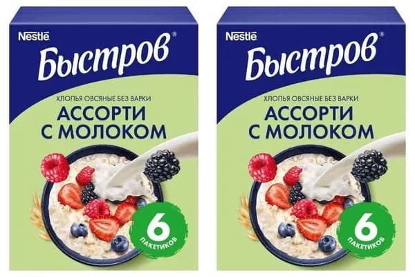 Быстров Хлопья овсяные БП Ассорти с молоком клубника-малина-лесные ягоды 240 г, 2 уп