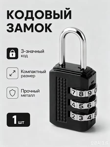 Мини навесной кодовый замок 3 цифры черный, без ключа для чемодана, рюкзака, шкафчика спортзала, общежития