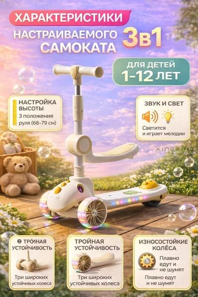 Самокат трехколесный детский, регулируемый руль, светящиеся колеса, кремовый