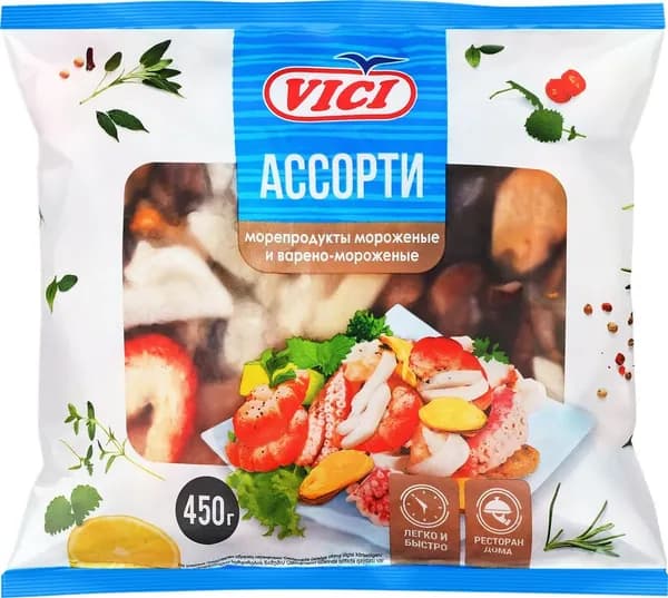 Ассорти из морепродуктов варено-мороженное VICI с изделиями формованными (имитация из сурими), 450г