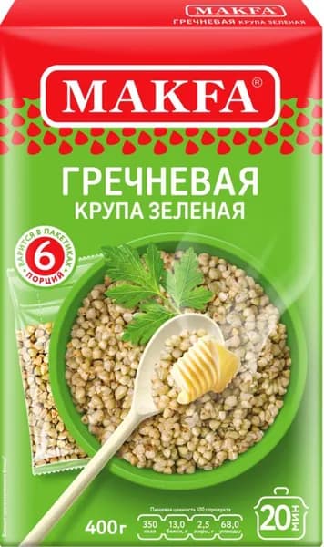 Крупа гречневая MAKFA зеленая, в пакетиках, 6 шт по 66 г / Гречка