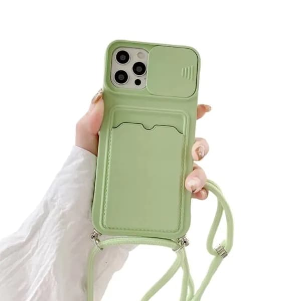 Силиконовый чехол-слайдер для iPhone 15 с держателем карт и шнурком, Мятно - зеленый