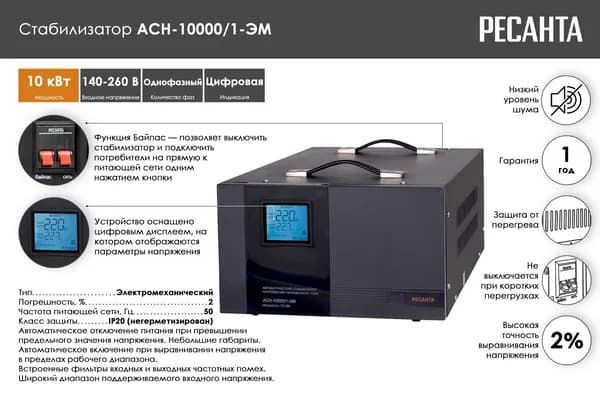 Стабилизатор Ресанта АСН-10 000 /1-ЭМ (10 кВт)