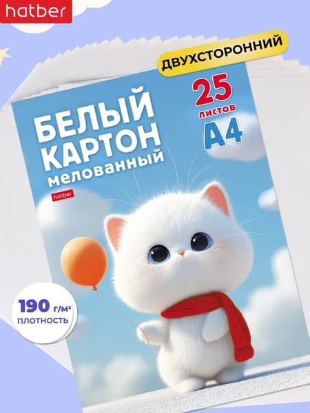 Белый картон мелованный 25 листов А4 в папке
