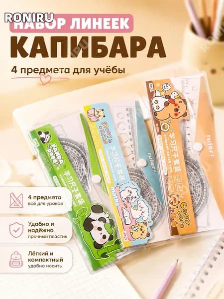 Набор линеек с капибарой для школьника,4 предмета, пластик, розовый