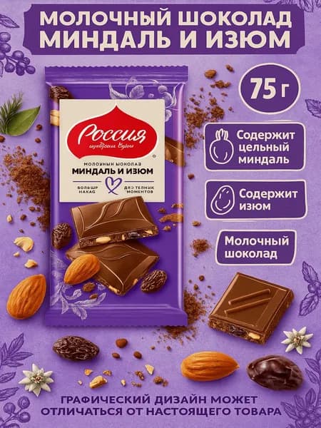 Шоколад Россия Щедрая душа молочный миндаль с изюмом, 75г