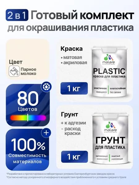 Комплект Malare для окрашивания пластика (1кг грунт + 1 кг краска), акриловый, без запаха, быстросохнущий, матовый, цвет парное молоко