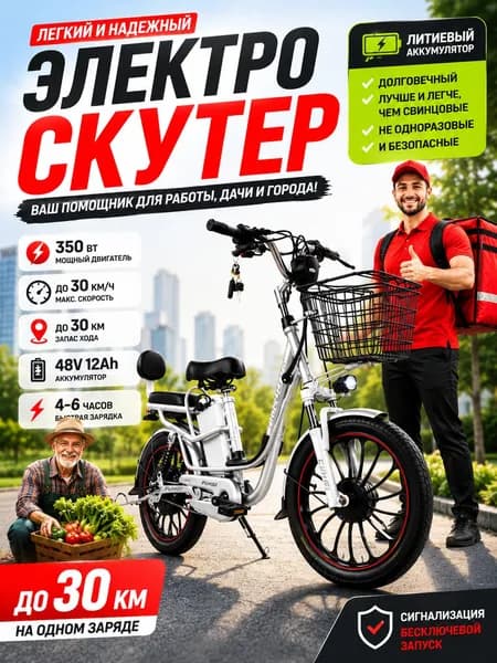 Электроскутер с корзиной 350 Вт литиевый 48V 12Ah для дачи города курьера пожилых до 30 км/ч