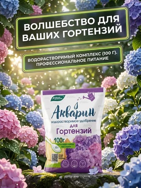 Акварин удобрения для сада и огорода, для гортензий 0,1 кг, водорастворимое, с микроэлементами, для полива и опрыскивания, для цветения