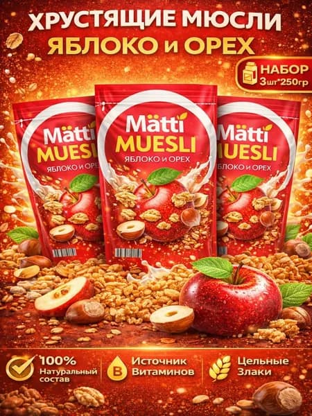Мюсли запеченные с Яблоком и Орехом Matti 3шт по 250г