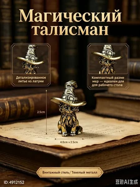 Статуэтка декоративная, миниатюрная фигурка-магический кот из латуни, винтажный настольный сувенир для дома/офиса/подарок любителям кошек