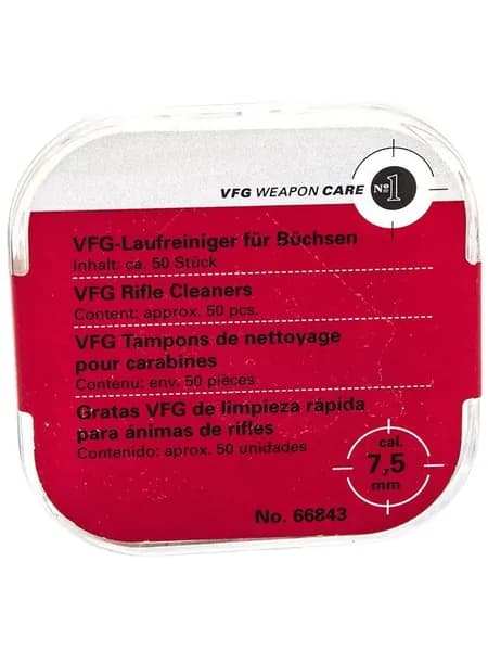 Патчи войлочные VFG Weapon Care для быстрой чистки оружия кал. 7,5 mm; упаковка: пластиковый бокс 50 шт.