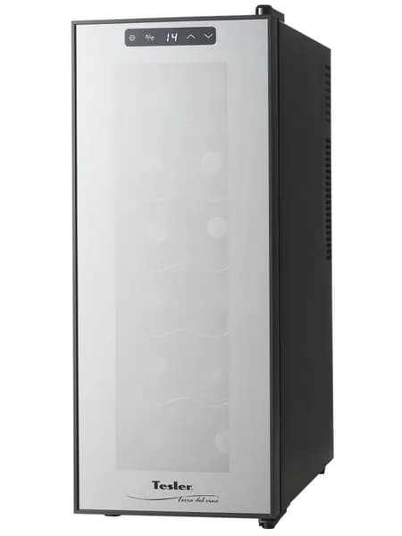 Винный шкаф TESLER WCV-120 BLACK / термоэлектрический / 12 бутылок, полки из металла, двойное стекло, зеркальная дверца. Товар уцененный