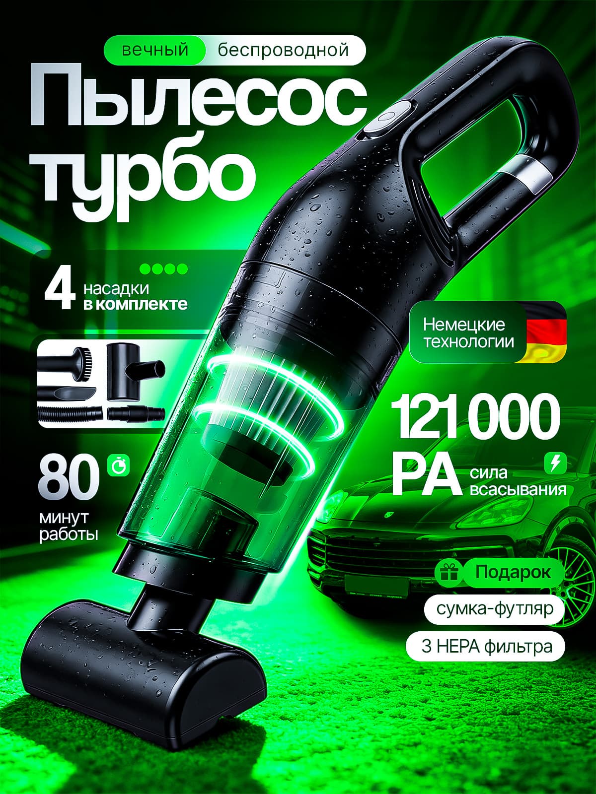 Пылесос для автомобиля ручной беспроводной / автомобильный пылесос мощный с насадками