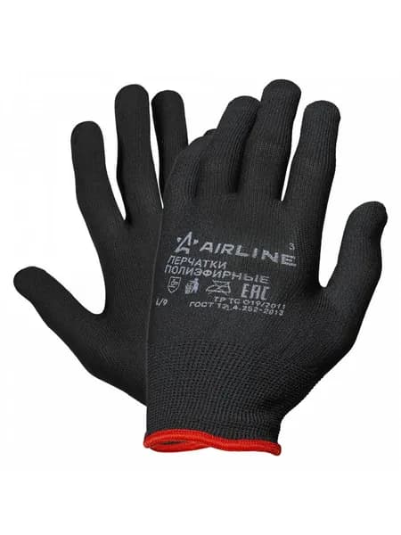 Перчатки полиэфирные Airline ADWG006 (L), черные (с подвесом)