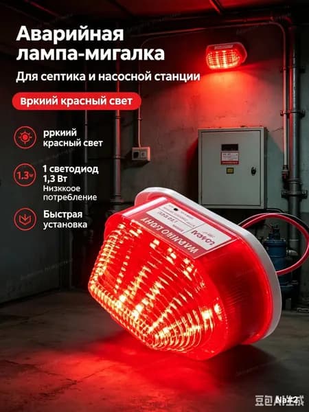 Сигнальная аварийная лампа для септика. Cветильник-вспышка 1светодиодов 1,3W, красная.