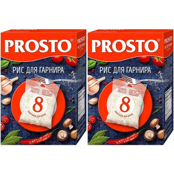 Рис Prosto для гарнира среднезерный непропаренный в варочных пакетиках 8 шт х 62,5 г, набор: 2 штуки