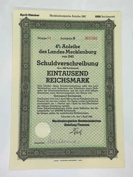 Ценная бумага Германия Государственные облигации Мекленбурга, 1000 марок 1942 год.