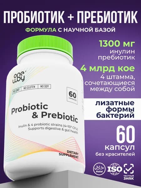 Пробиотики и пребиотики, для кишечника взрослому, с инулином, 60 капсул