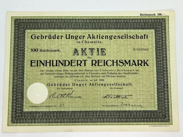 Акция Германия. Gebrder Unger, 100 Рейхсмарок 1928 №77