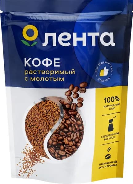 ЛЕНТА Кофе растворимый натуральный сублимированный с добавлением молотого, 90 г.