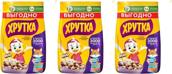 Сухой завтрак Хрутка Duo шоколадный обогащенный кальцием, комплект: 3 упаковки по 650 г