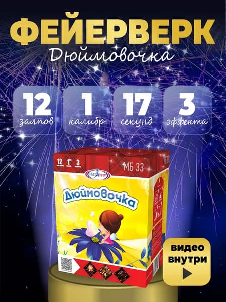 ФЕЙЕРВЕРК "Дюймовочка" 12 залпов калибром 1"(25мм) / МБ33 Мегапир / Салюты до 12 залпов на день рожденье новый год рождество