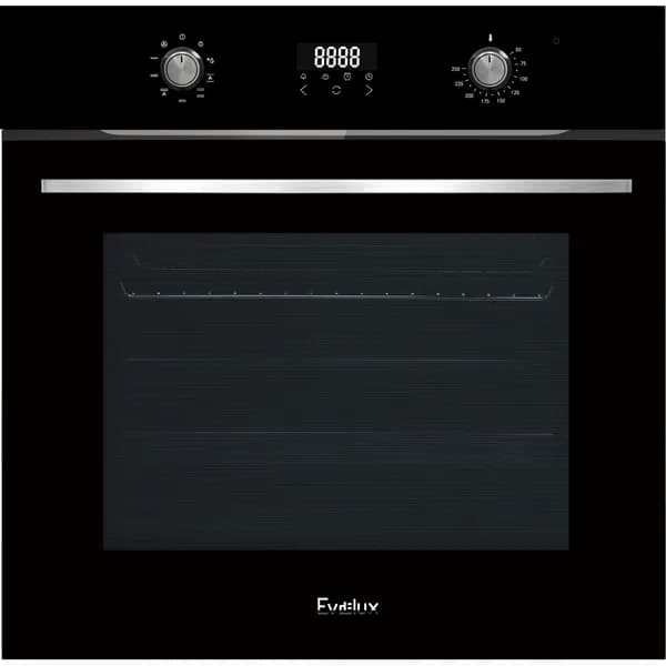 Evelux EO 635 PB Духовой шкаф 60 см, 9 режимов, 71л, утапливаемые переключатели, дисплей Snow White, панель управления - черное стекло, универсальный противень, решетка-гриль, телескопические направля