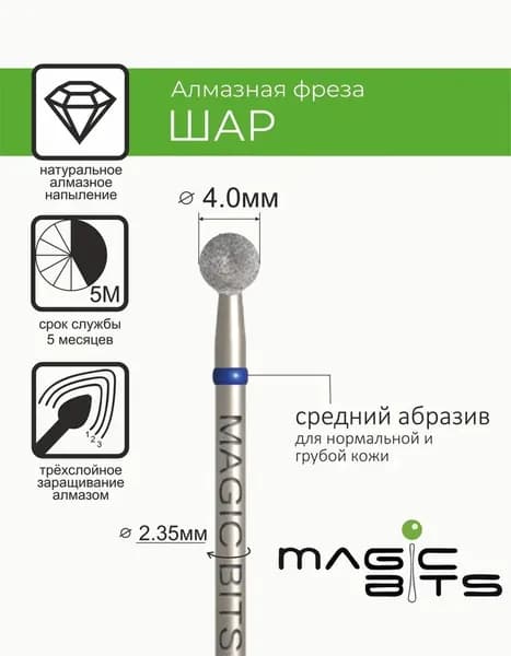 Magic Bits Фреза Алмазный шар 4.0 мм с натуральным напылением СРЕДНЕГО абразива