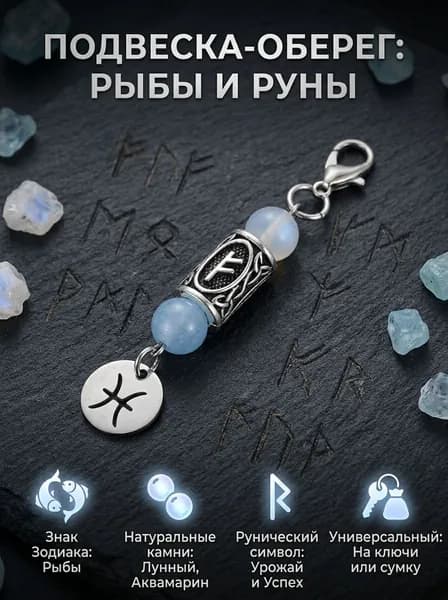 Брелок-талисман с натуральным камнем и рунами-Рыбы