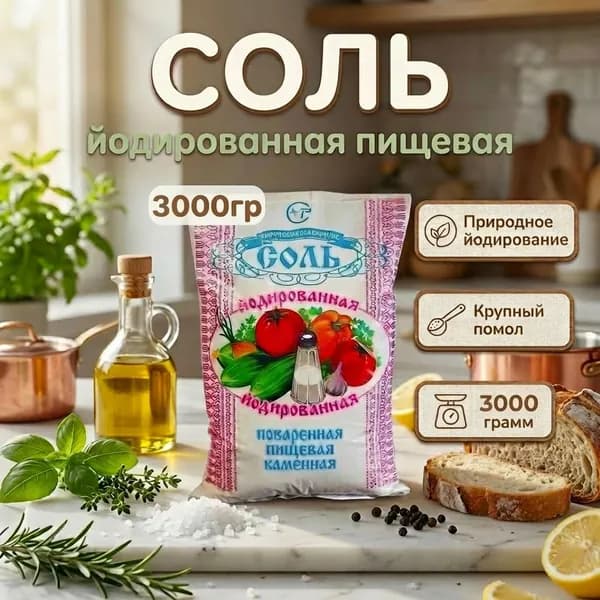 Соль 3 кг пищевая йодированная для приготовления блюд Тыретский солерудник
