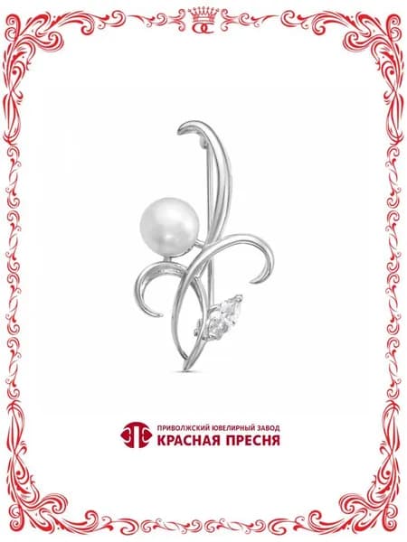 Брошь из серебра с жемчугом и фианитами Б13310990Д