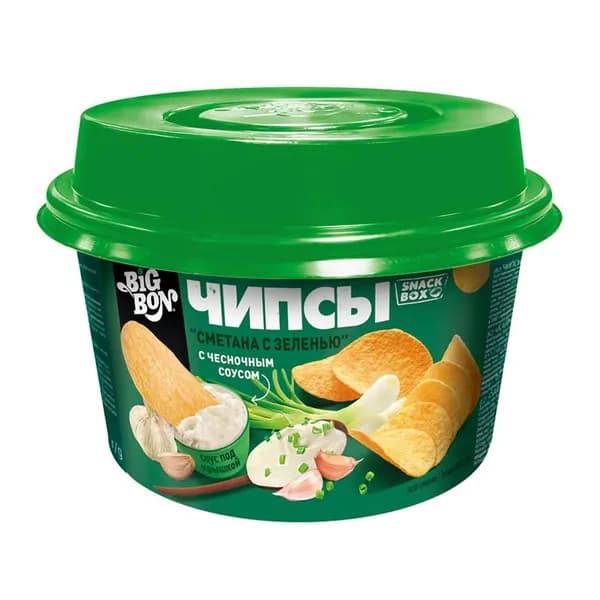 Чипсы картофельные BigBon со вкусом Сметана с зеленью с соусом Чесночный, 105 г