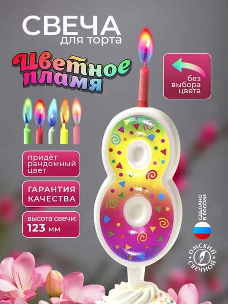 Свеча для торта, цифра 8, цветное пламя