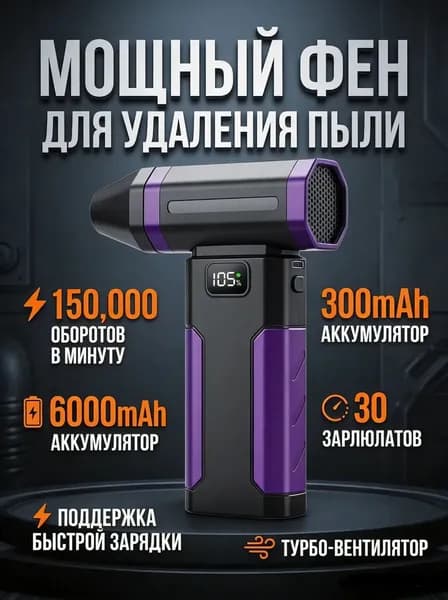 Беспроводной турбовентилятор 150000 об/мин с аккумулятором 6000 мАч для авто и дома
